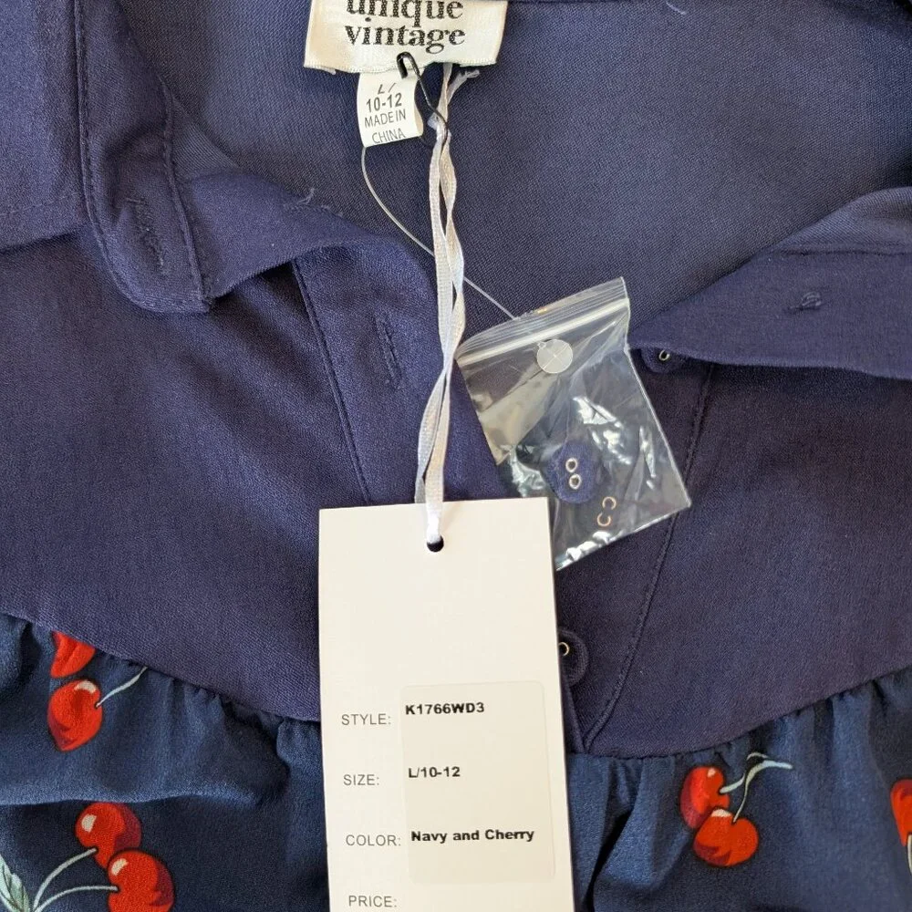 NWT Unique Vintage Navy Cherry Print Bishop Sleeve Wiggle Pencil Dress L(10/12) - Picture 10 of 13